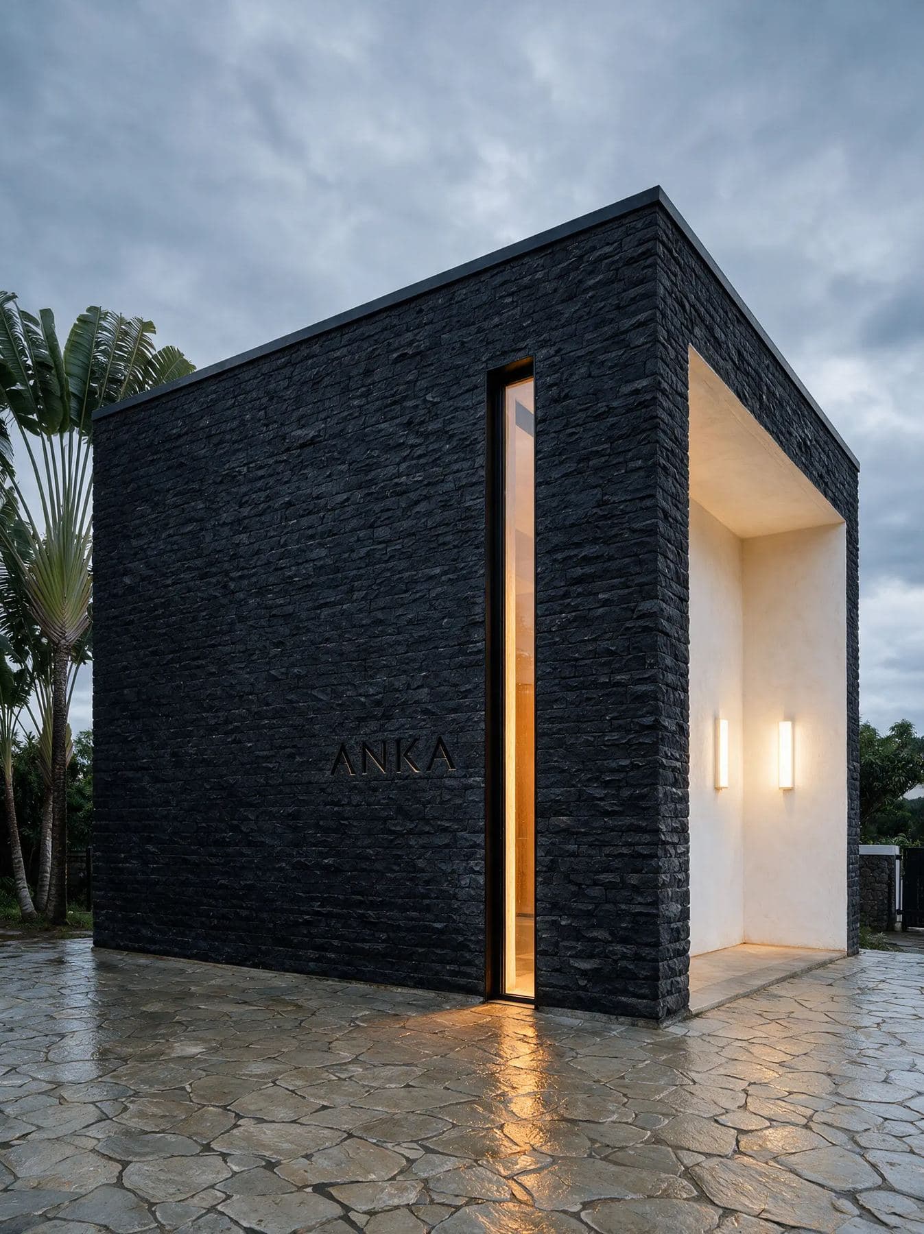 ANKA Spa, monolithe de pierre volcanique avec une fente lumineuse et un porche éclairé