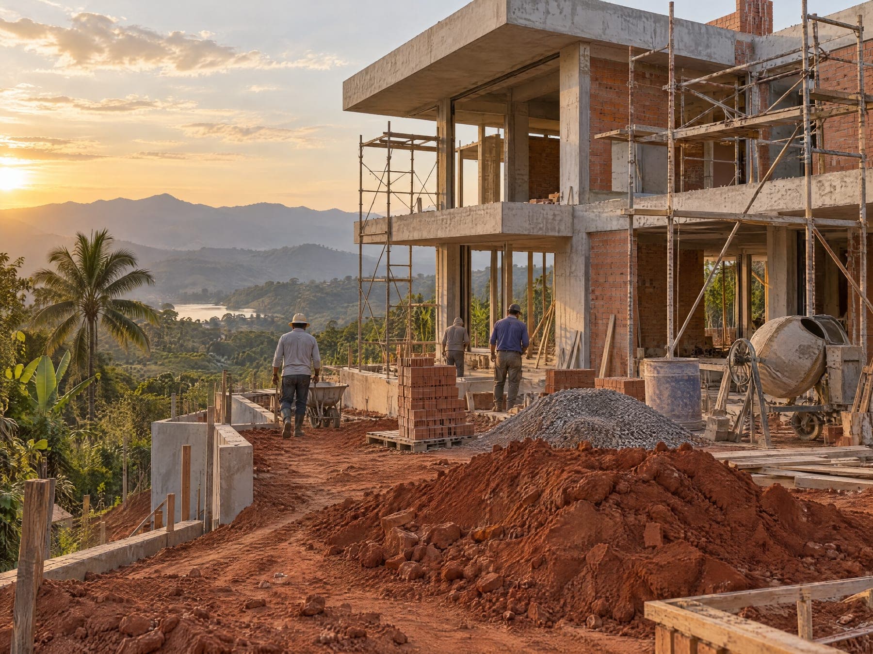Chantier d'une maison à étage au coucher du soleil : échafaudages, briques et ouvriers au travail