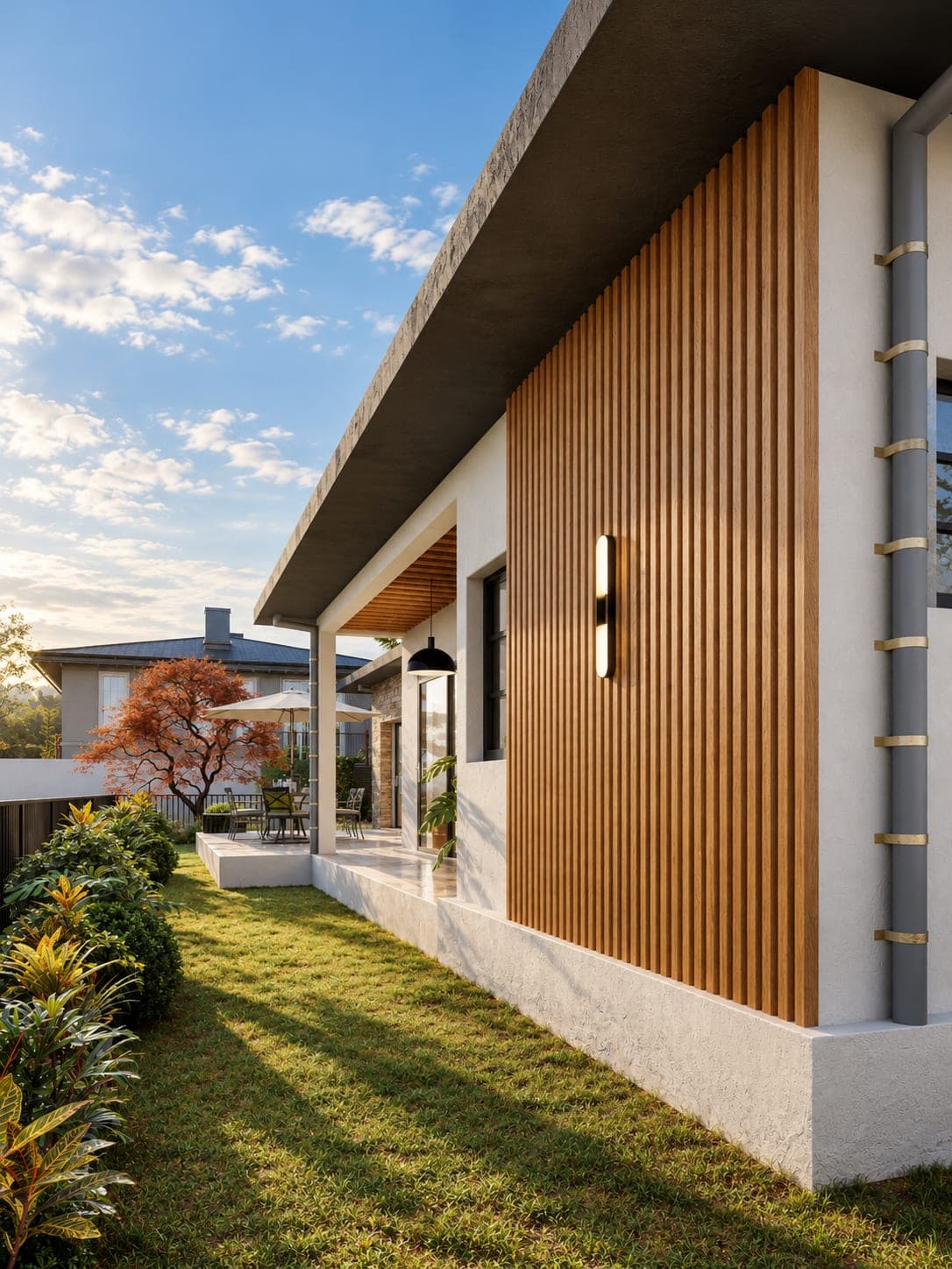 Bardage de bois vertical sur une façade blanche