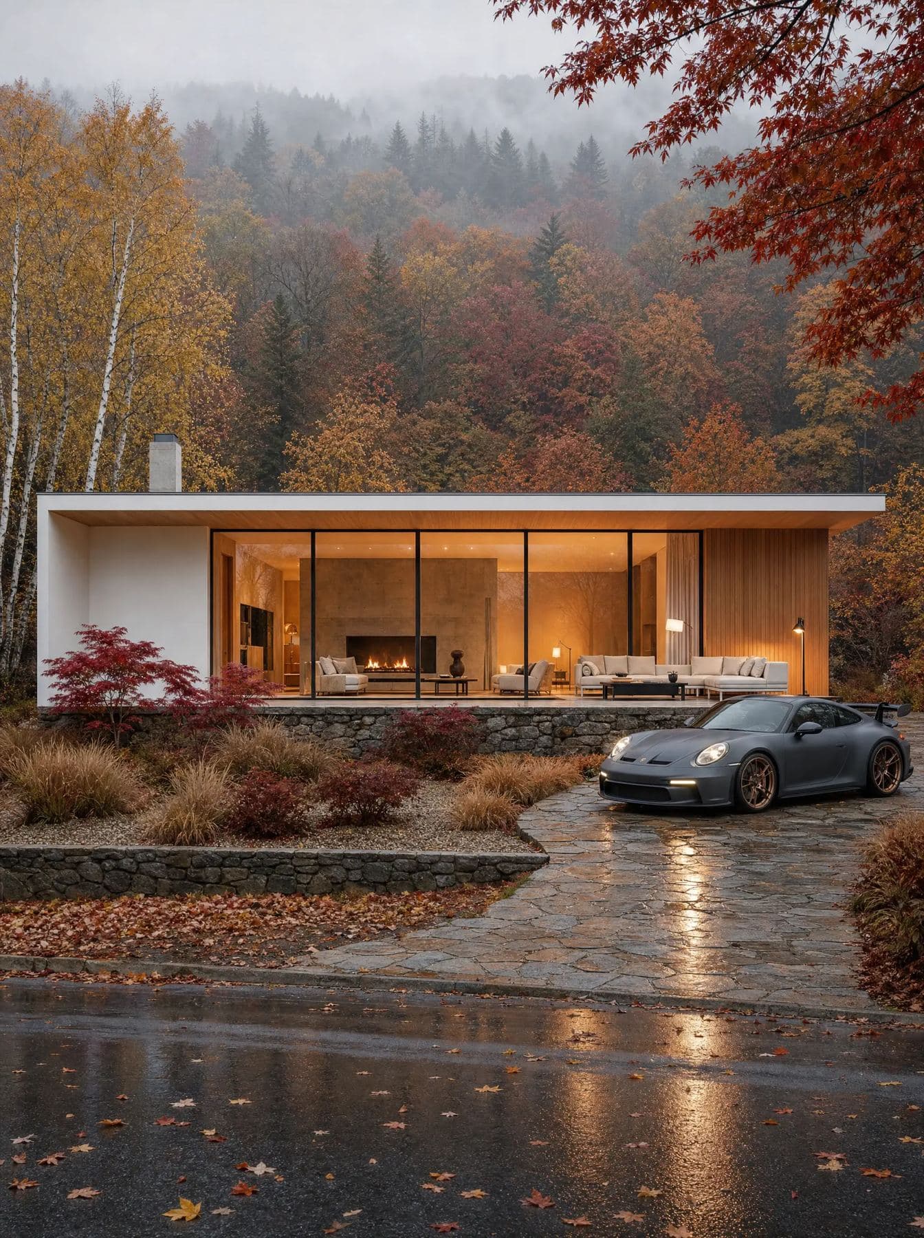 Villa basse vitrée dans une forêt d'automne brumeuse
