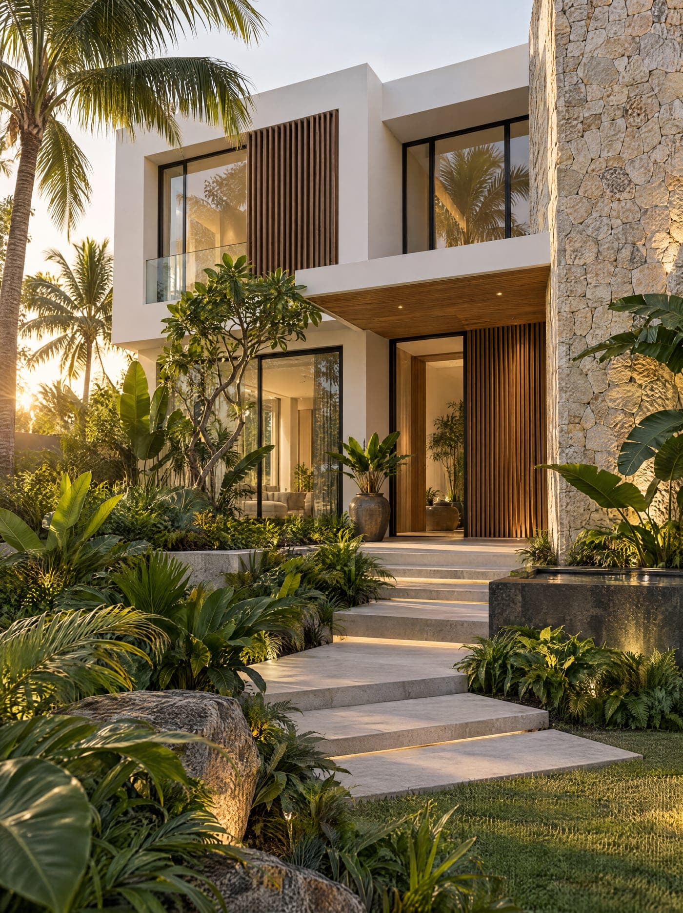 Rendu 3D extérieur d'une villa à étage : volumes blancs, pierre et claustra de bois