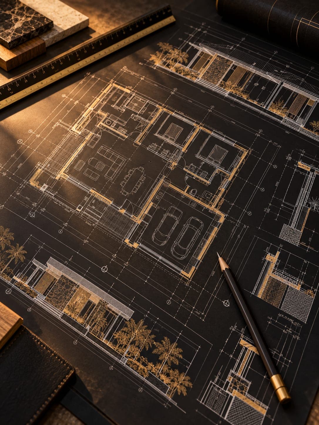 Plans d'exécution d'une villa étalés sur une table, crayon et règle