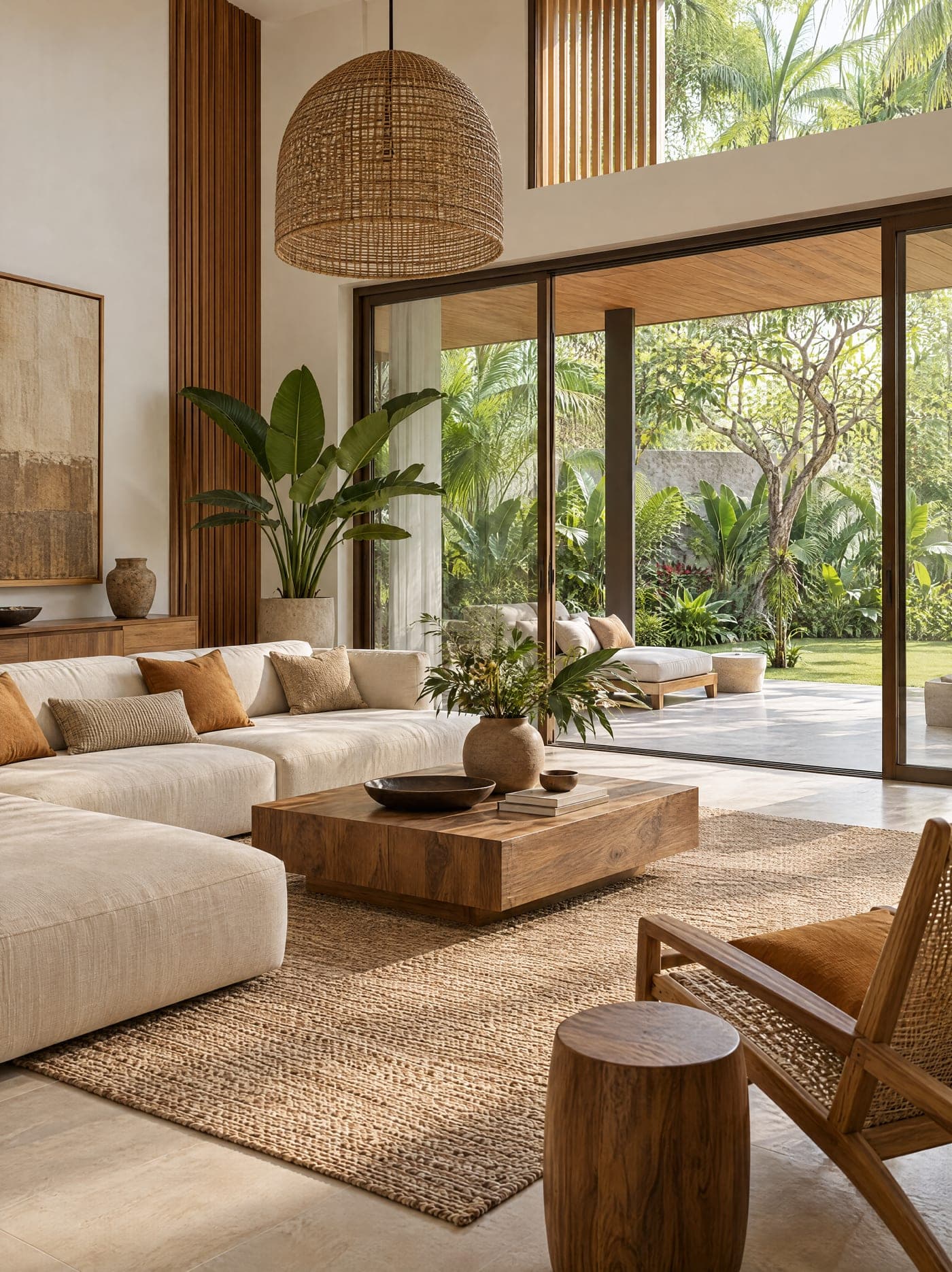 Rendu 3D intérieur : séjour à double hauteur ouvert sur le jardin