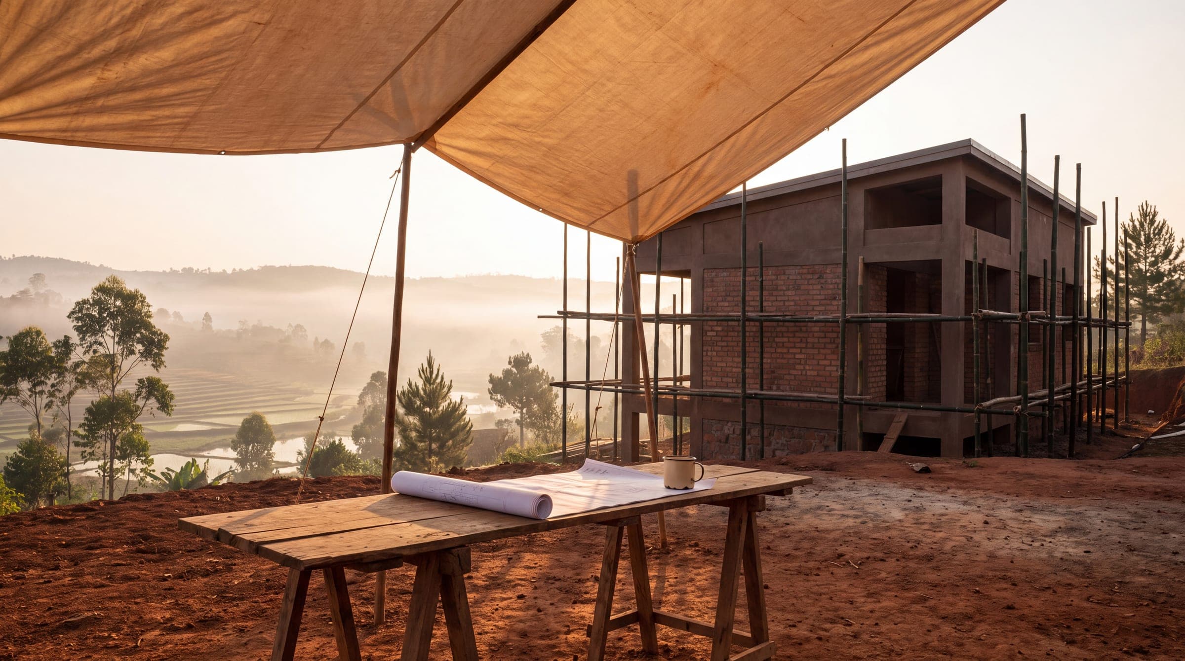 Under a tarpaulin, a site table and rolled plans facing a brick house under construction