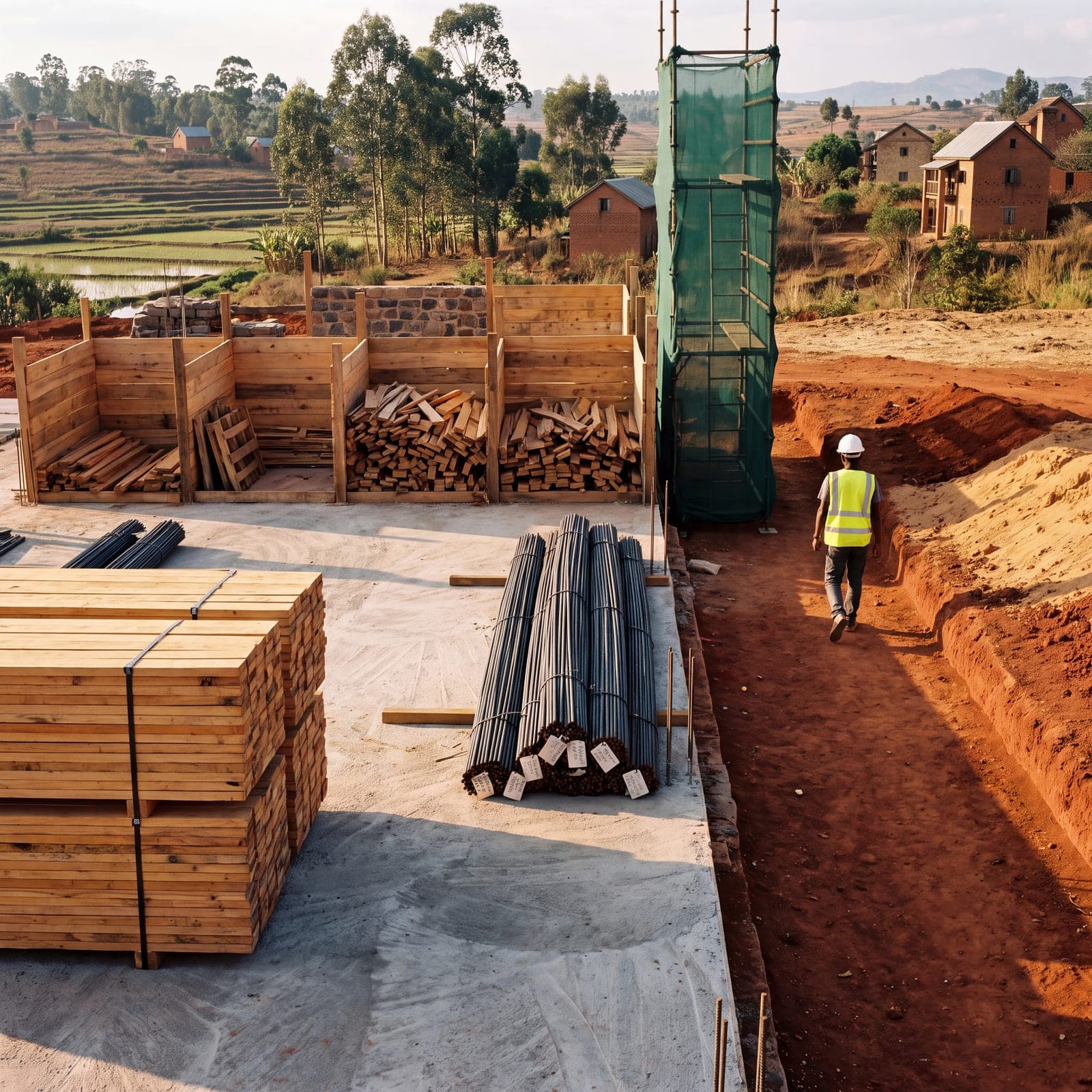 A tidy site: stacked timber, rebar in rows, sorted waste