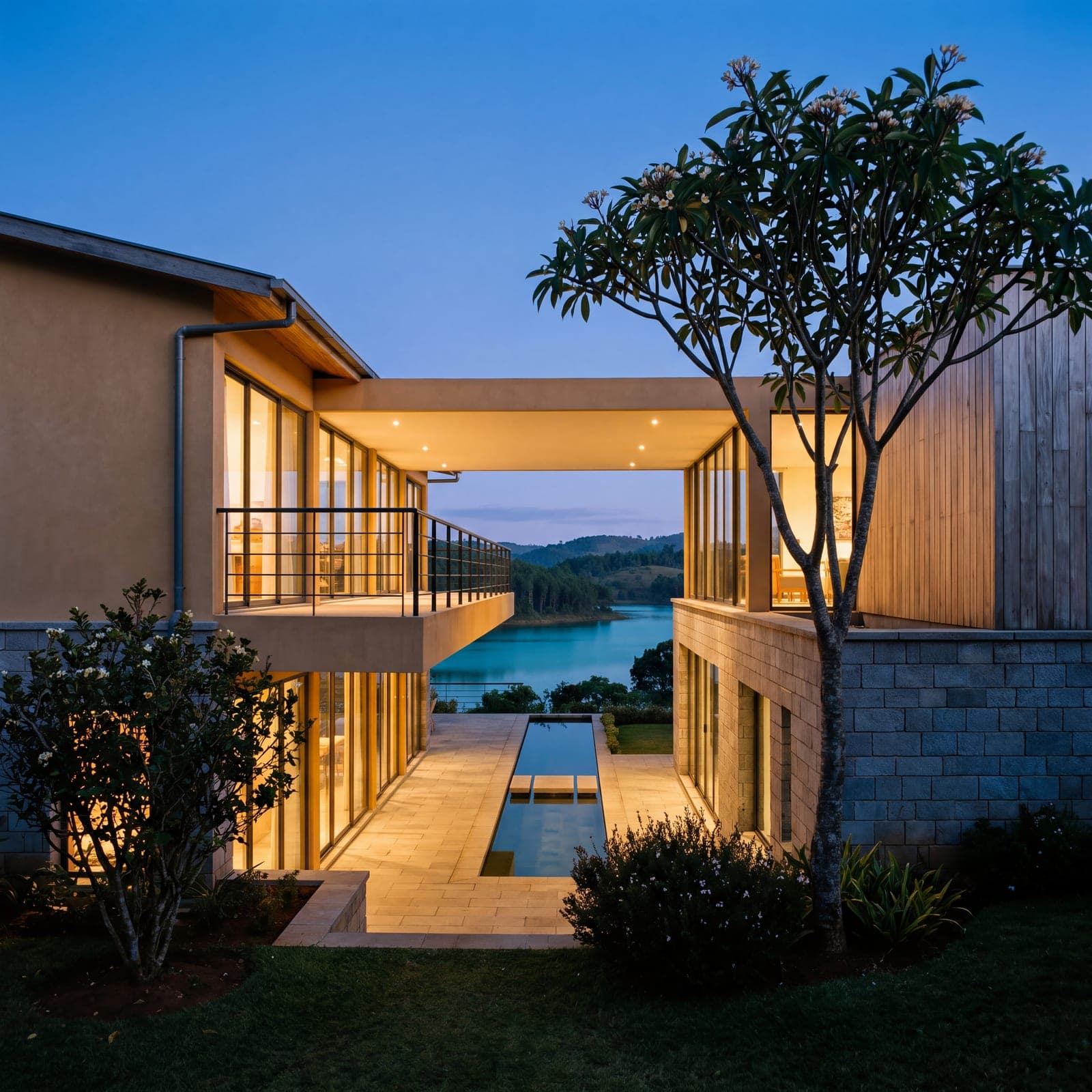 Stone and timber house lit at nightfall, with a pool and a frangipani tree