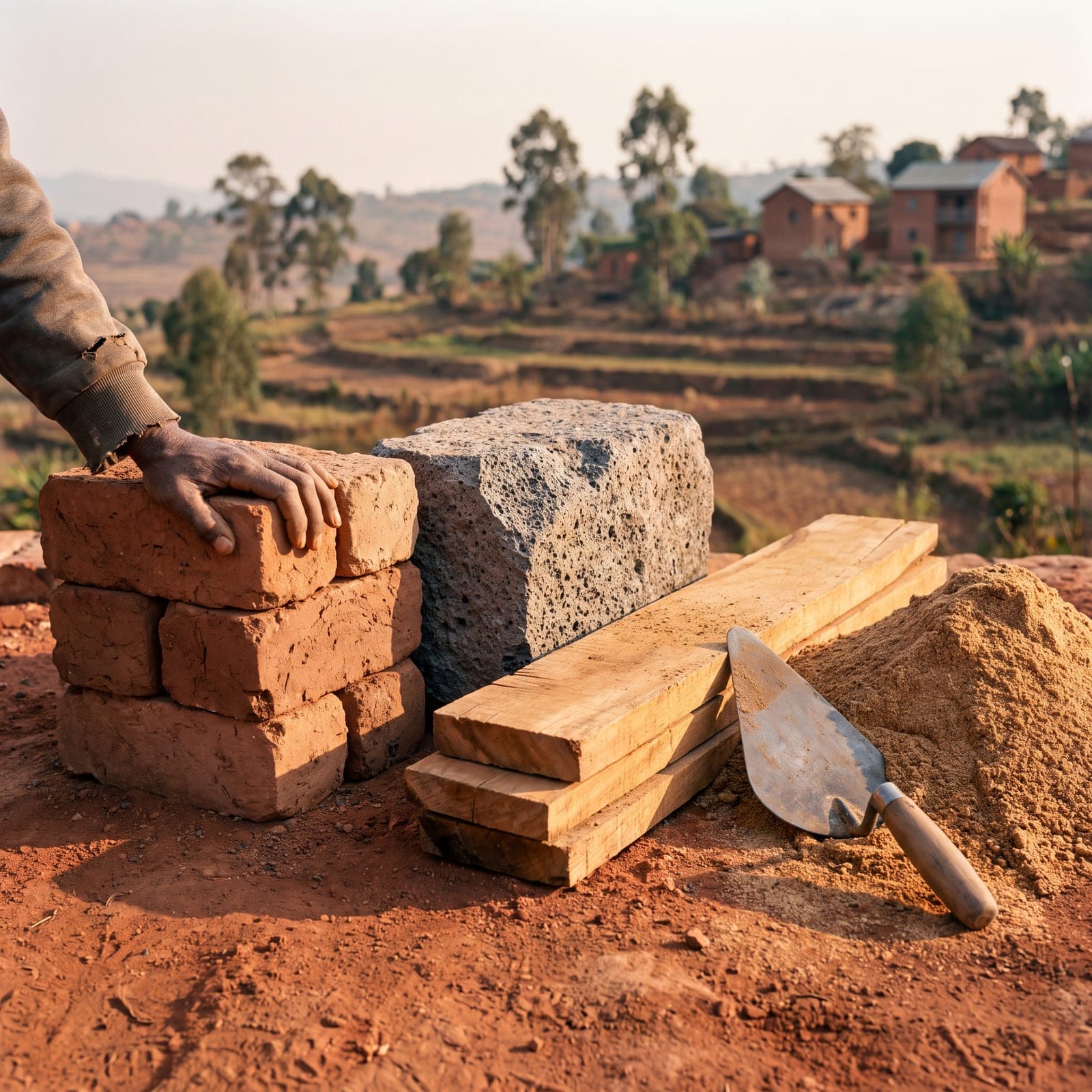 Earth bricks, dressed stone, timber boards and a trowel laid on red earth