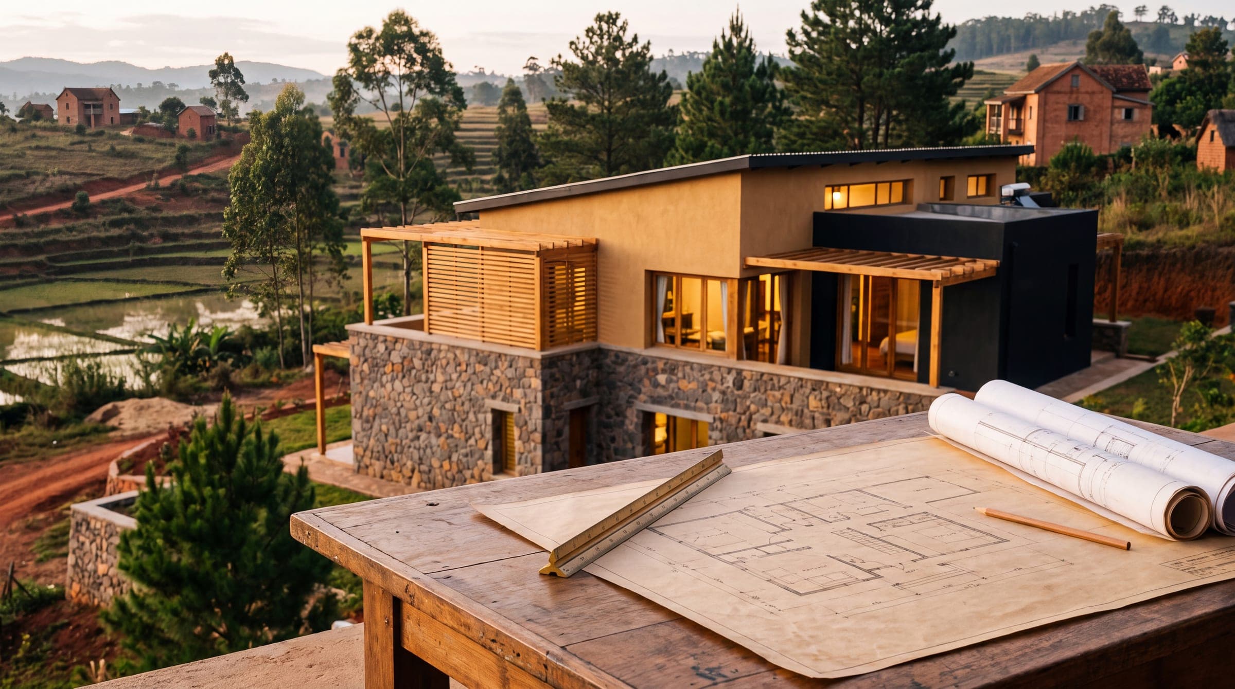 Maison de pierre et de bois dans les collines, vue depuis une table où sont déroulés ses plans
