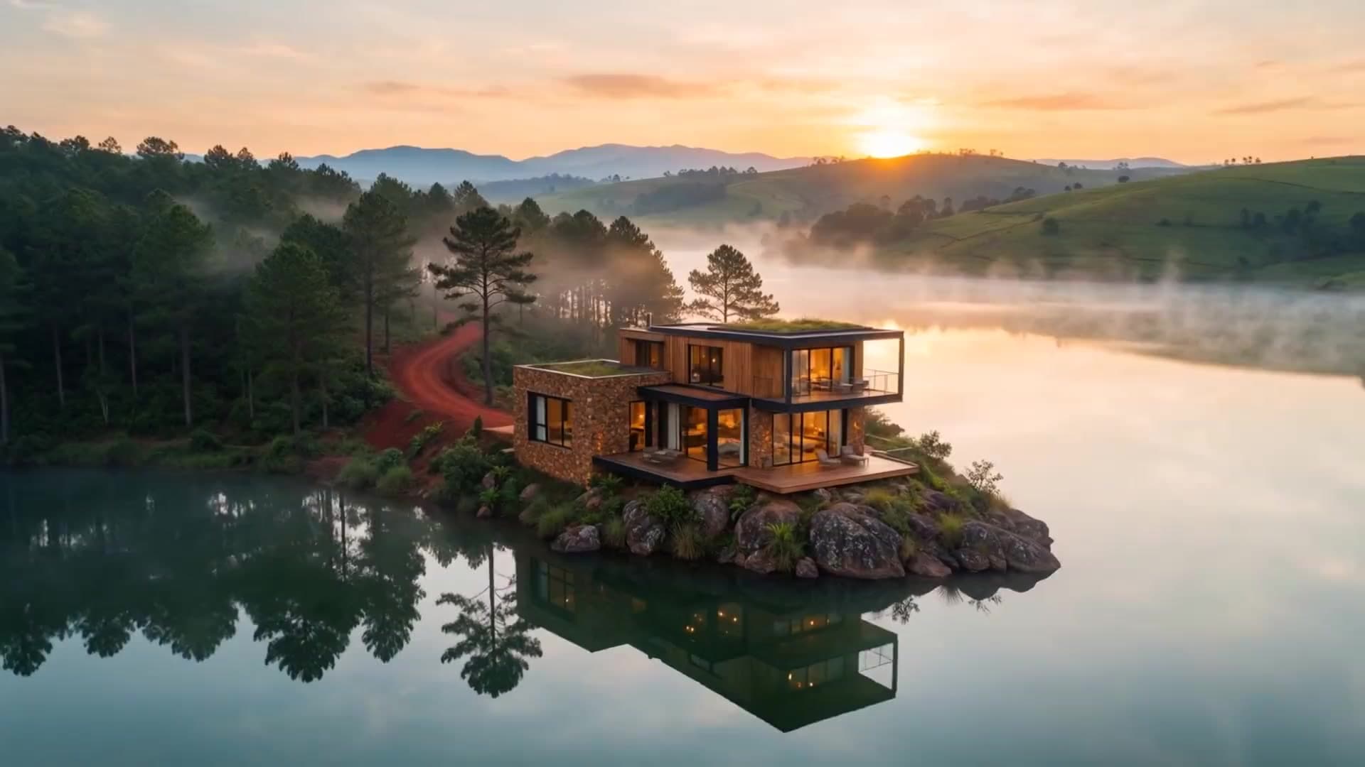 Maison de bois et de verre sur une presqu'île, au lever du soleil sur un lac brumeux